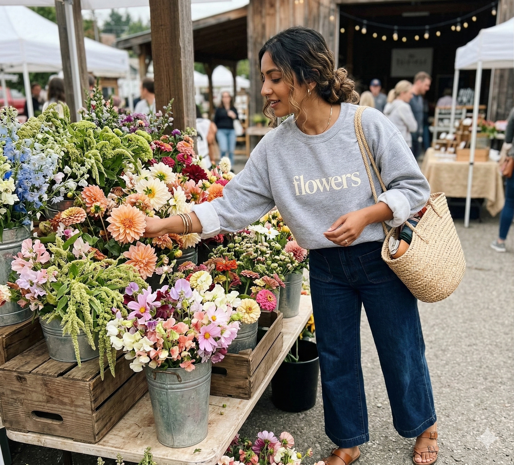 Flowers cozy crew neck sweatshirt with Rising Iris Farm logo