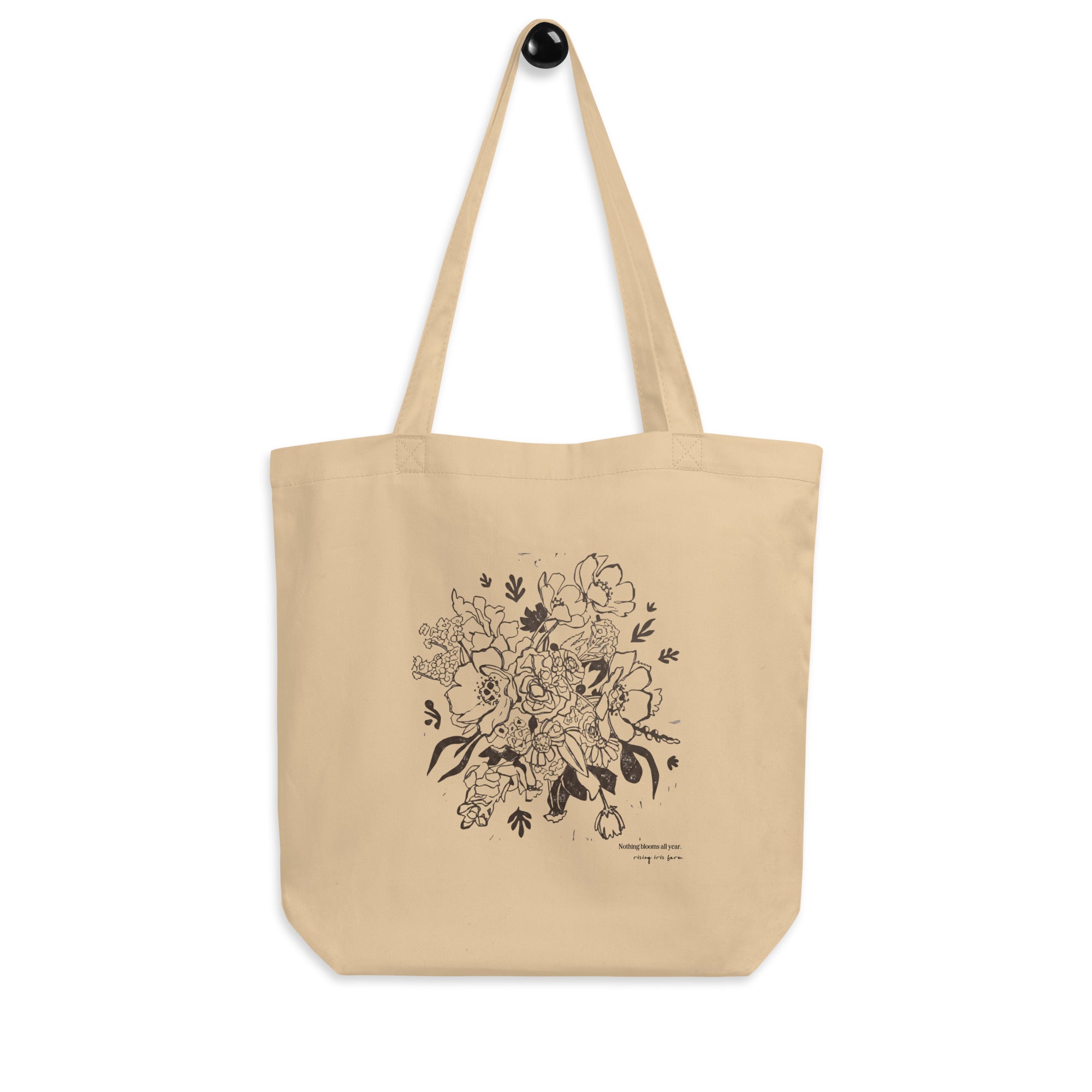 Rising Iris Farm organic cotton tote bag with hand-drawn farm bouquet illustration