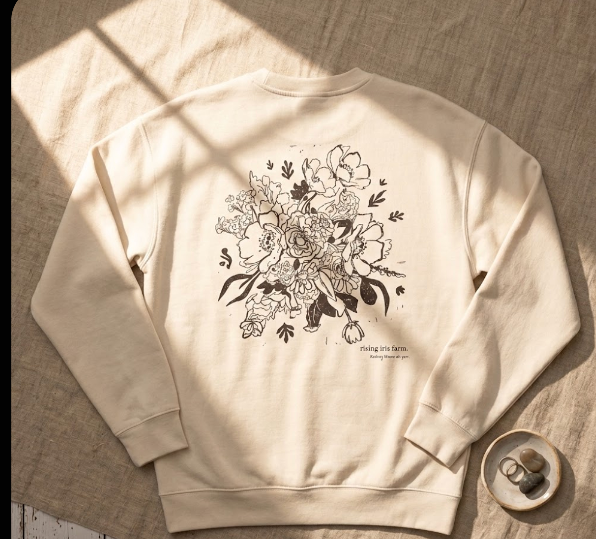 Rising Iris Farm cozy bouquet sweatshirt with hand-drawn CSA bouquet illustration