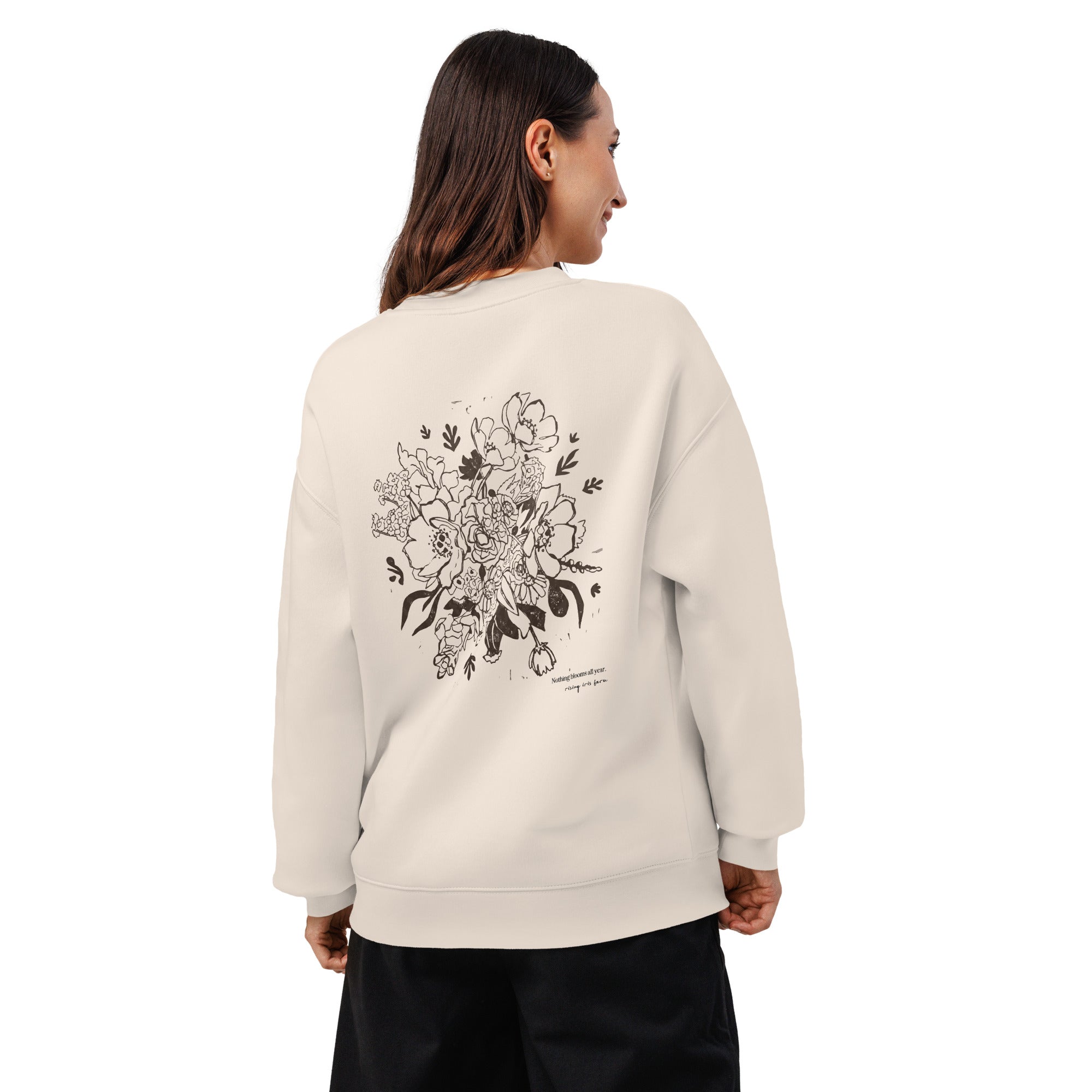 Local Flowers Forever sweatshirt with hand-drawn farm bouquet illustration on back
