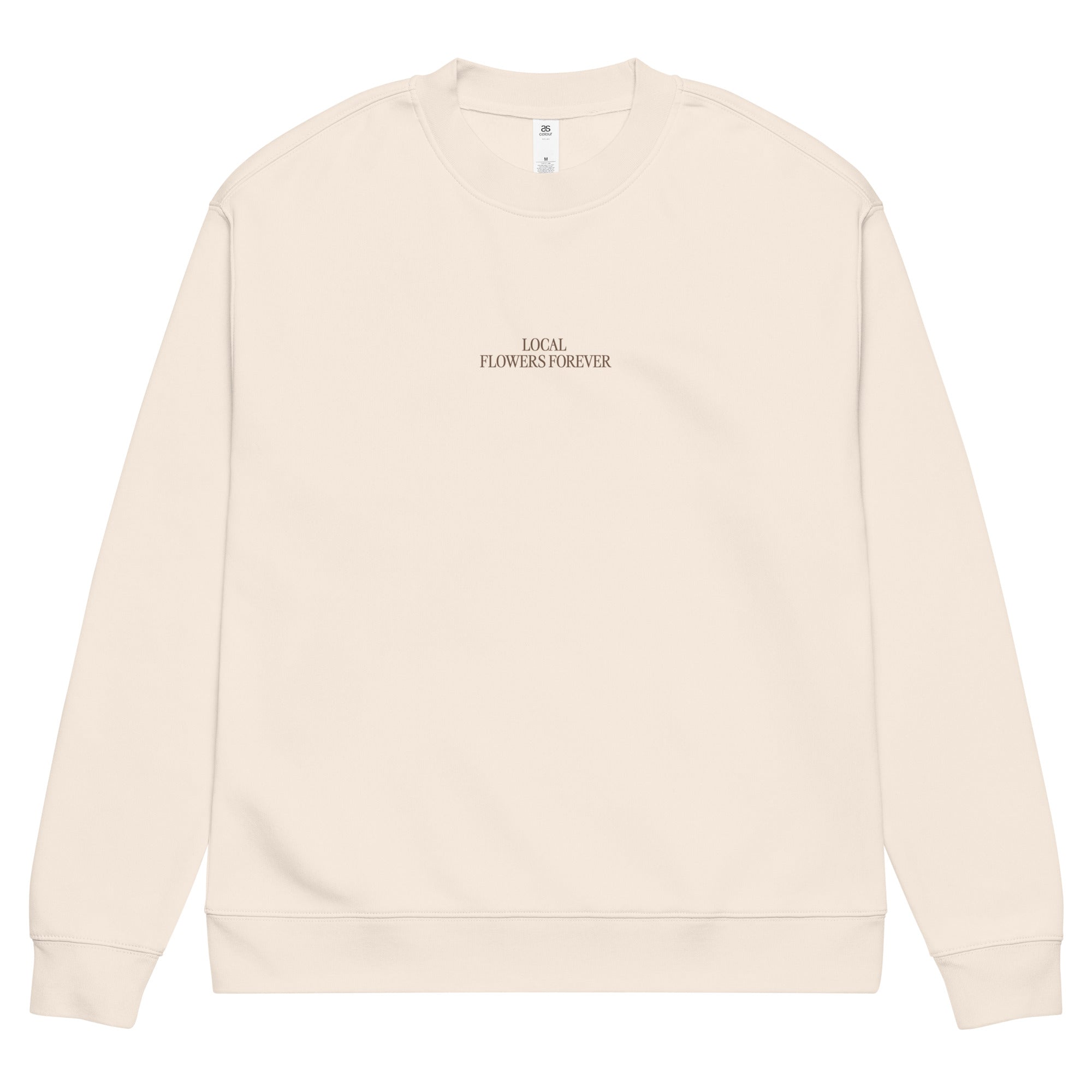 Local Flowers Forever sweatshirt with hand-drawn farm bouquet illustration on back