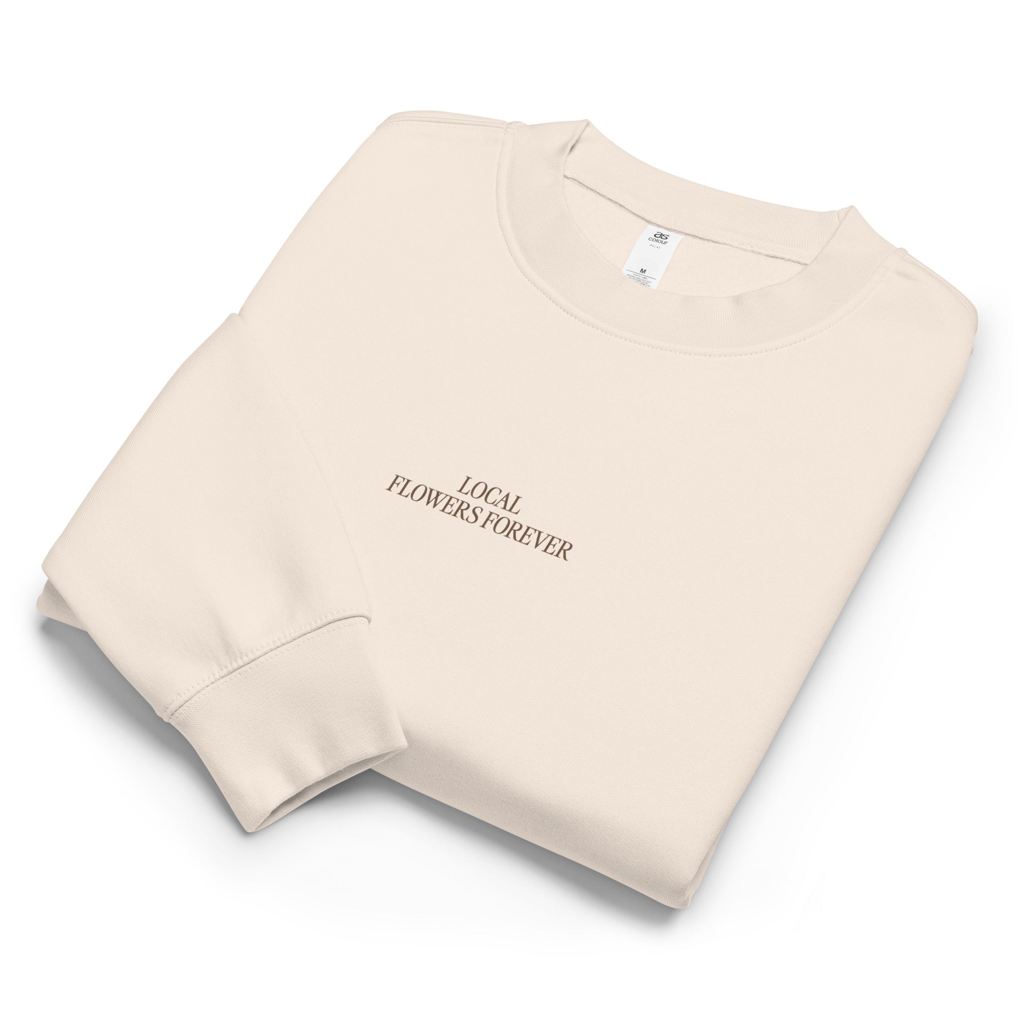 Local Flowers Forever sweatshirt with hand-drawn farm bouquet illustration on back