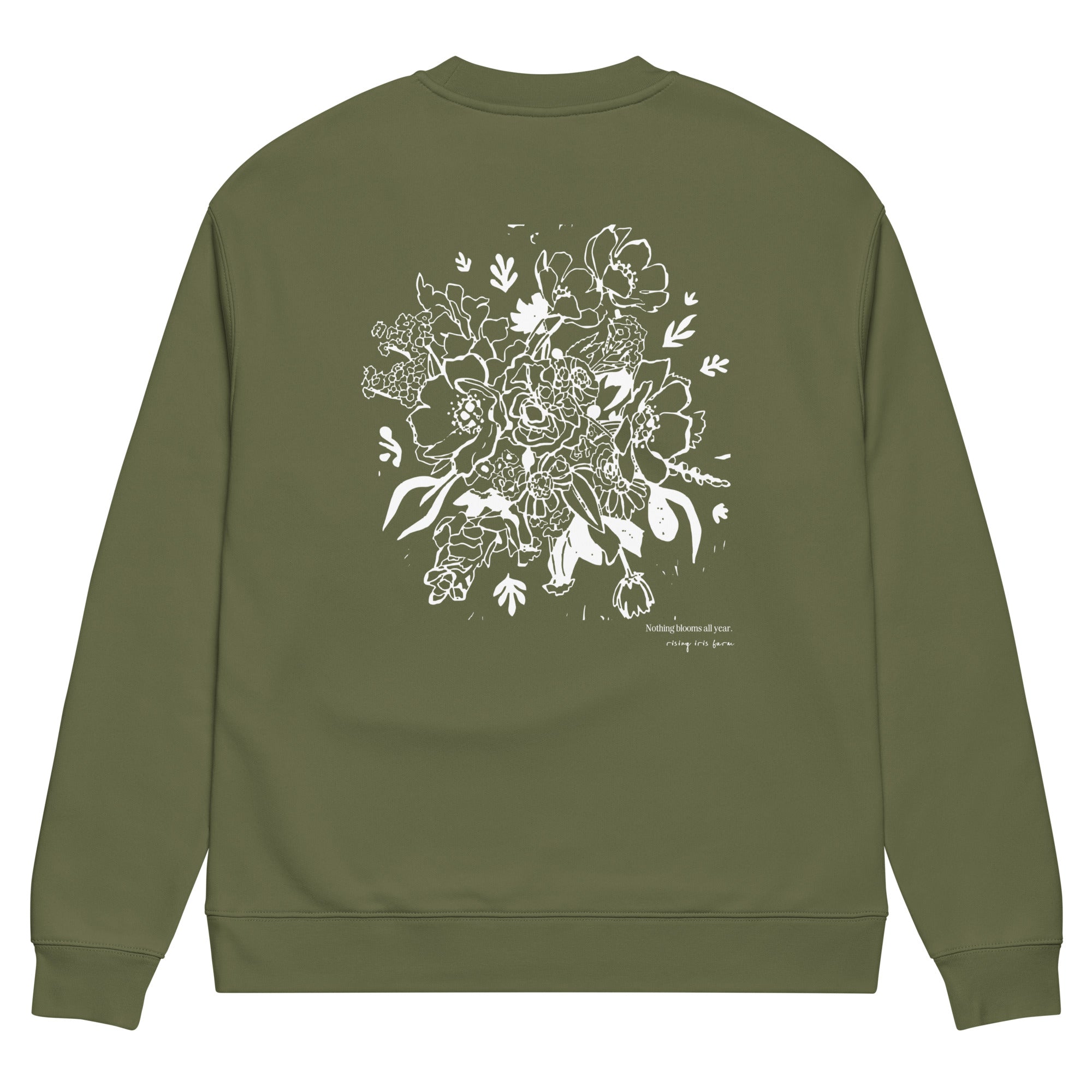 Rising Iris Farm bouquet sweatshirt in olive green with hand-drawn CSA bouquet illustration