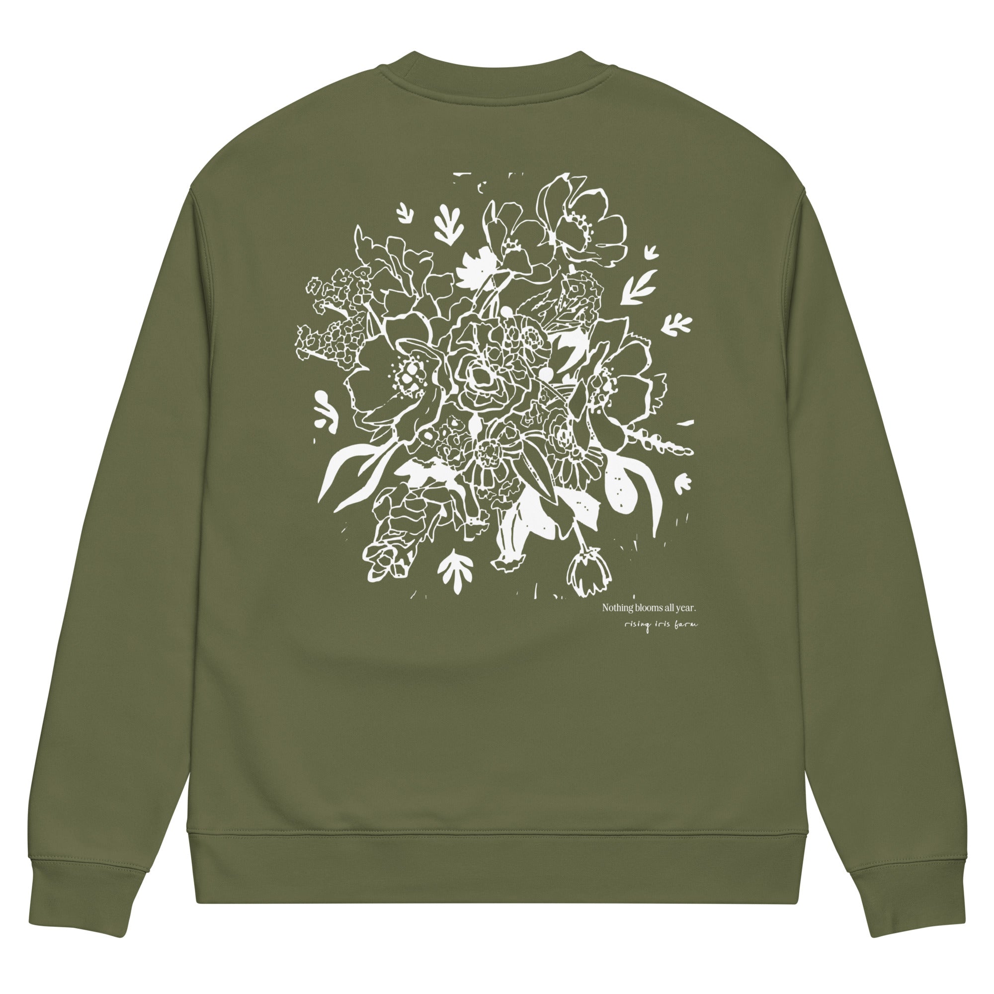 Local Flowers Forever olive green sweatshirt with hand-drawn farm bouquet on back