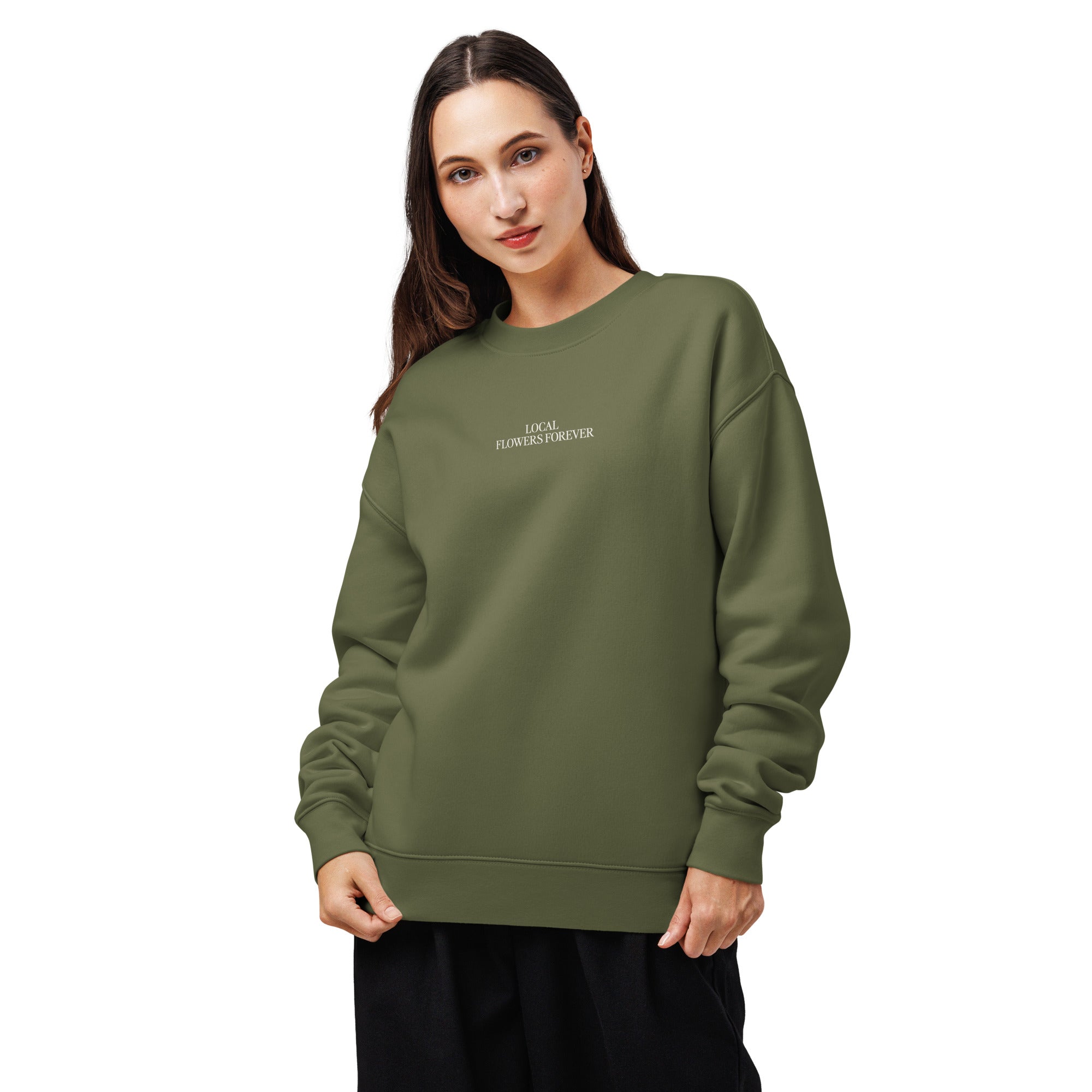 Local Flowers Forever olive green sweatshirt with hand-drawn farm bouquet on back