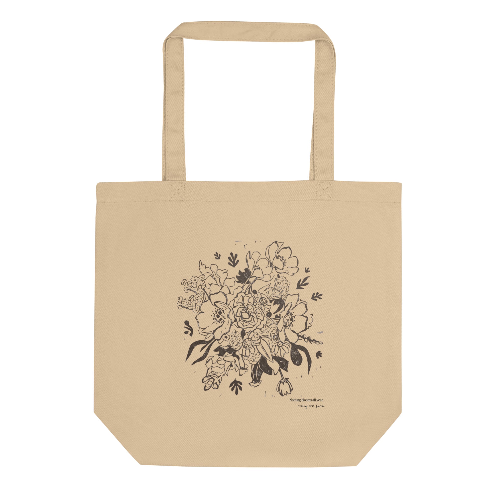 Rising Iris Farm organic cotton tote bag with hand-drawn farm bouquet illustration