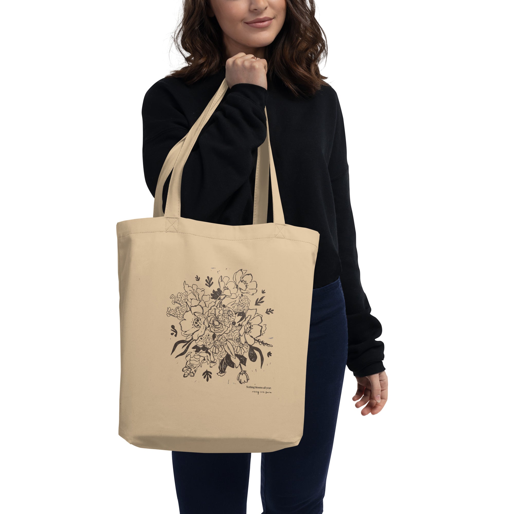 Rising Iris Farm organic cotton tote bag with hand-drawn farm bouquet illustration