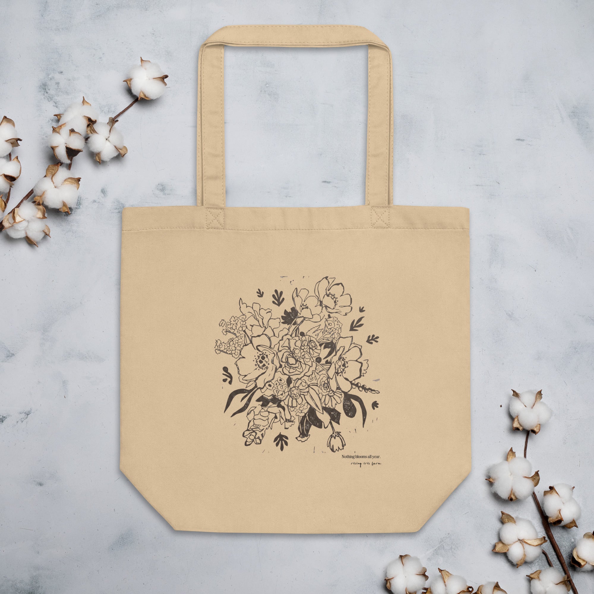 Rising Iris Farm organic cotton tote bag with hand-drawn farm bouquet illustration