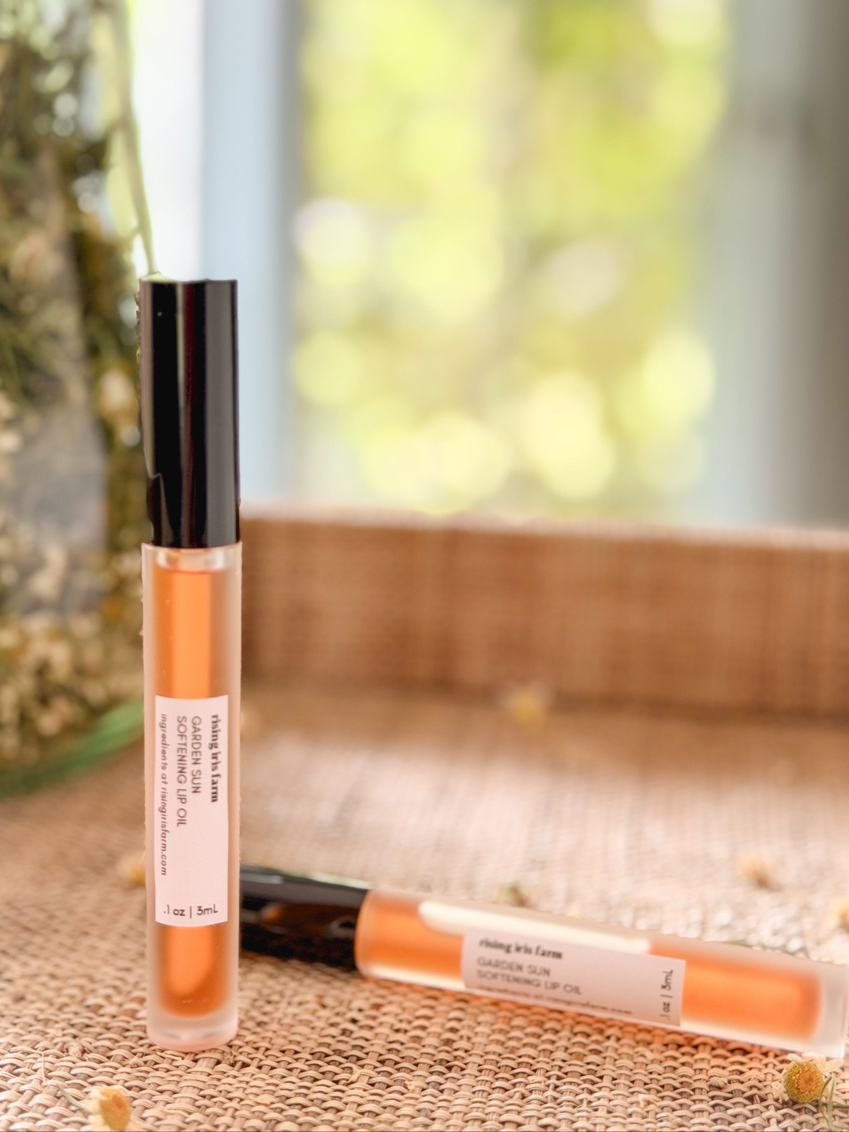 Two lip gloss tubes on a textured surface with a blurred natural background