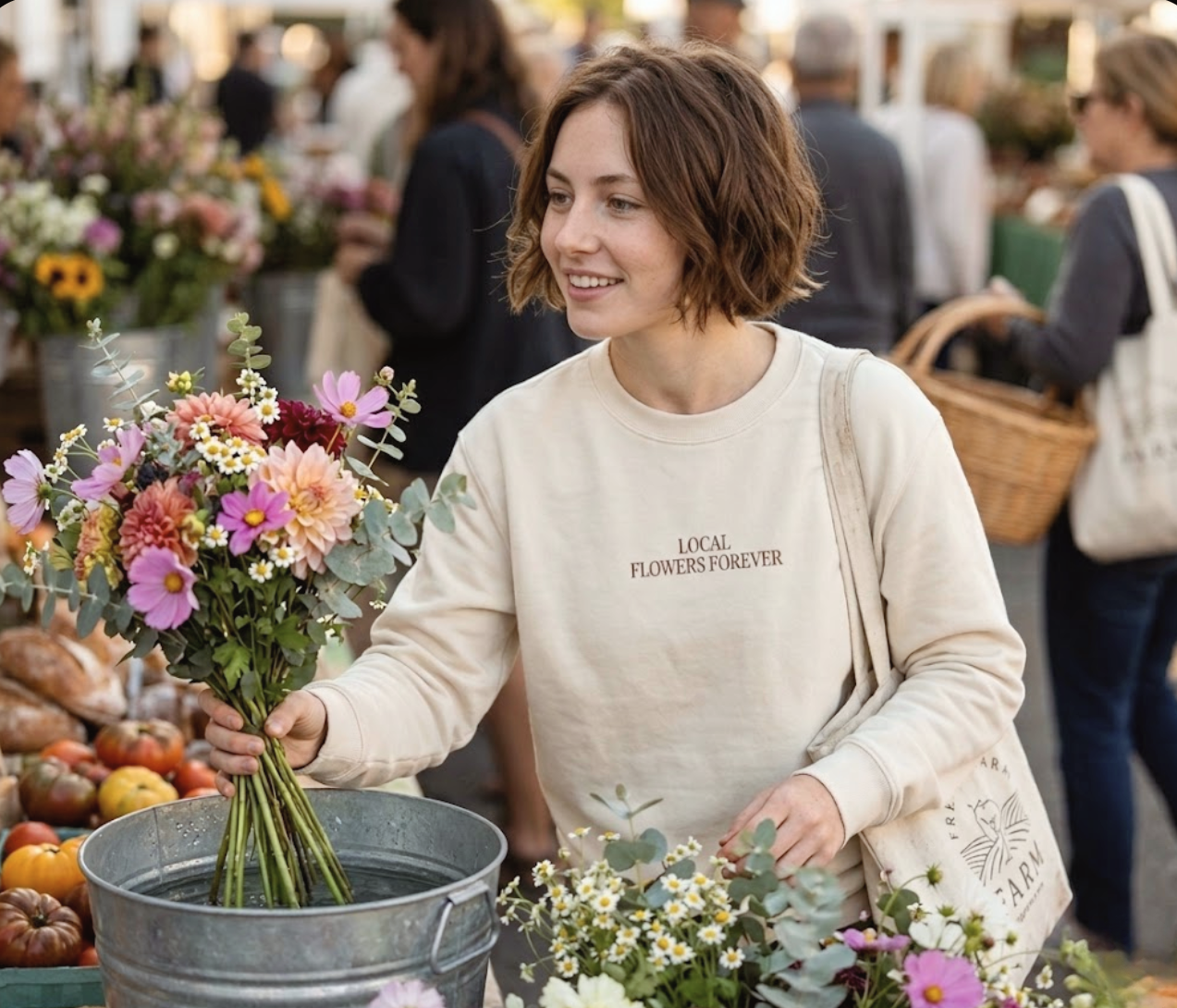 Local Flowers Forever sweatshirt with hand-drawn farm bouquet illustration on back