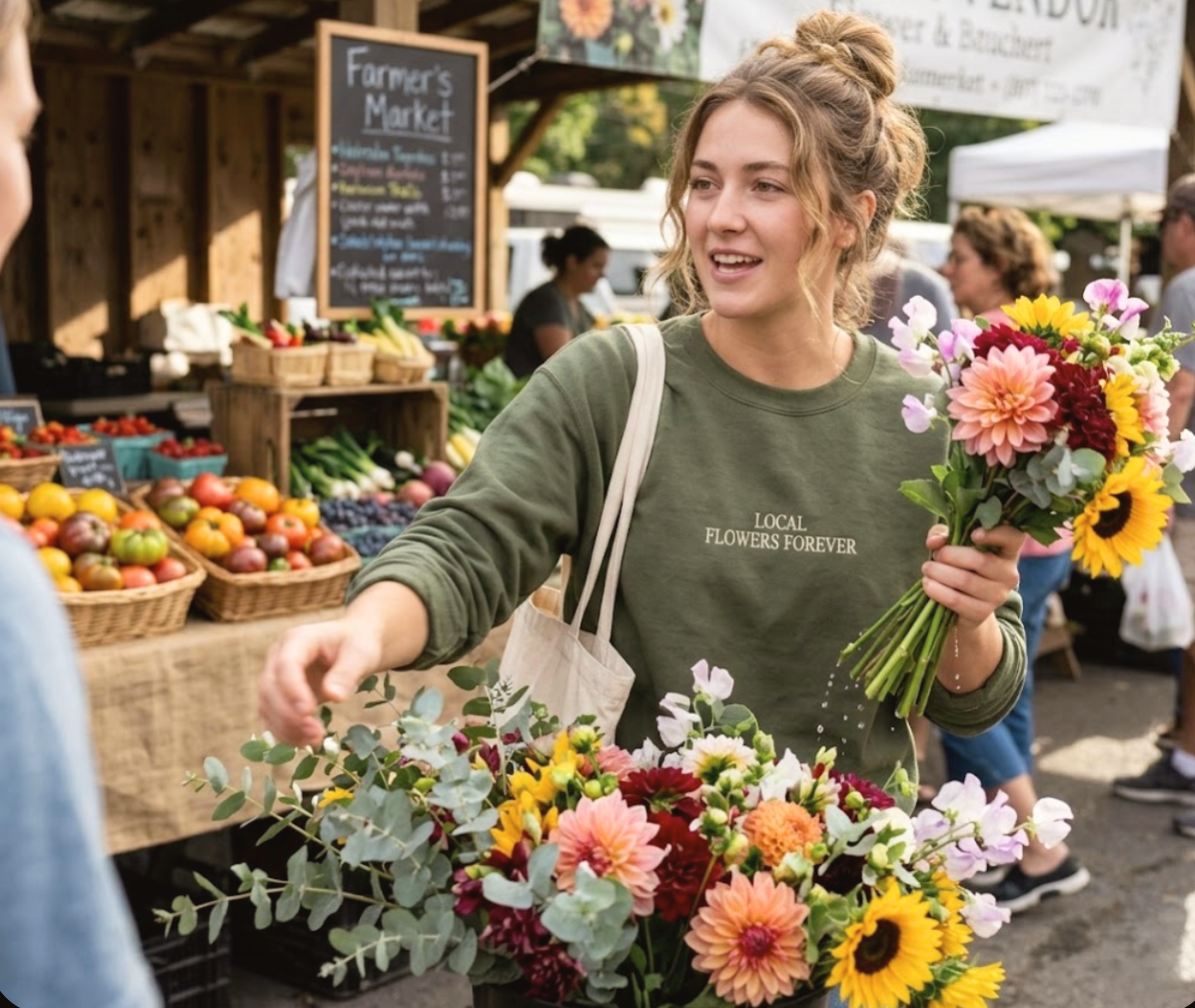 Local Flowers Forever olive green sweatshirt with hand-drawn farm bouquet on back