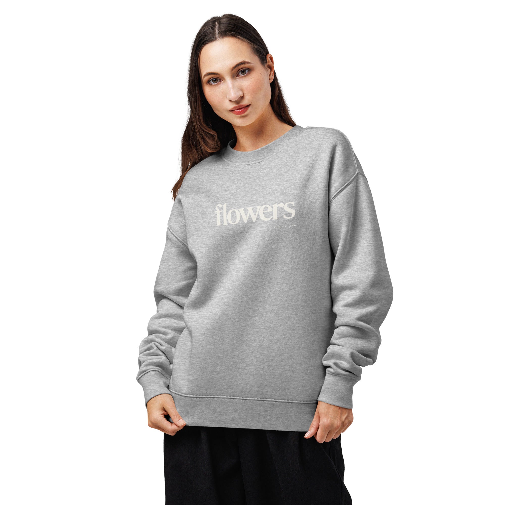 Flowers cozy crew neck sweatshirt with Rising Iris Farm logo