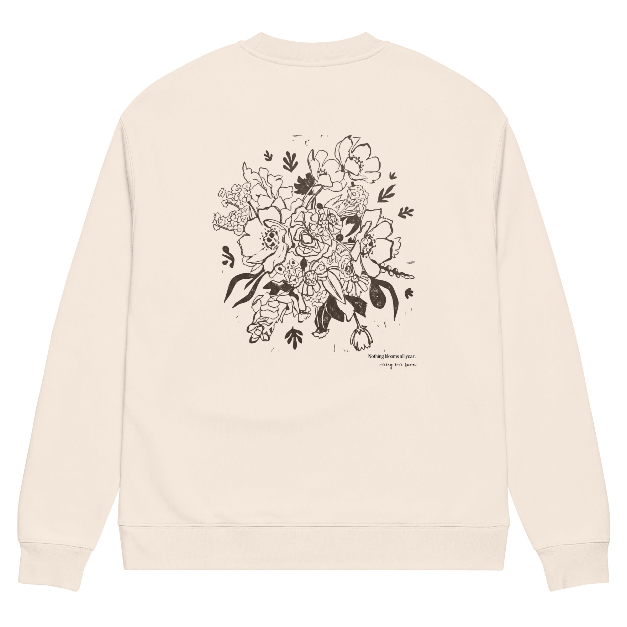 Local Flowers Forever sweatshirt with hand-drawn farm bouquet illustration on back