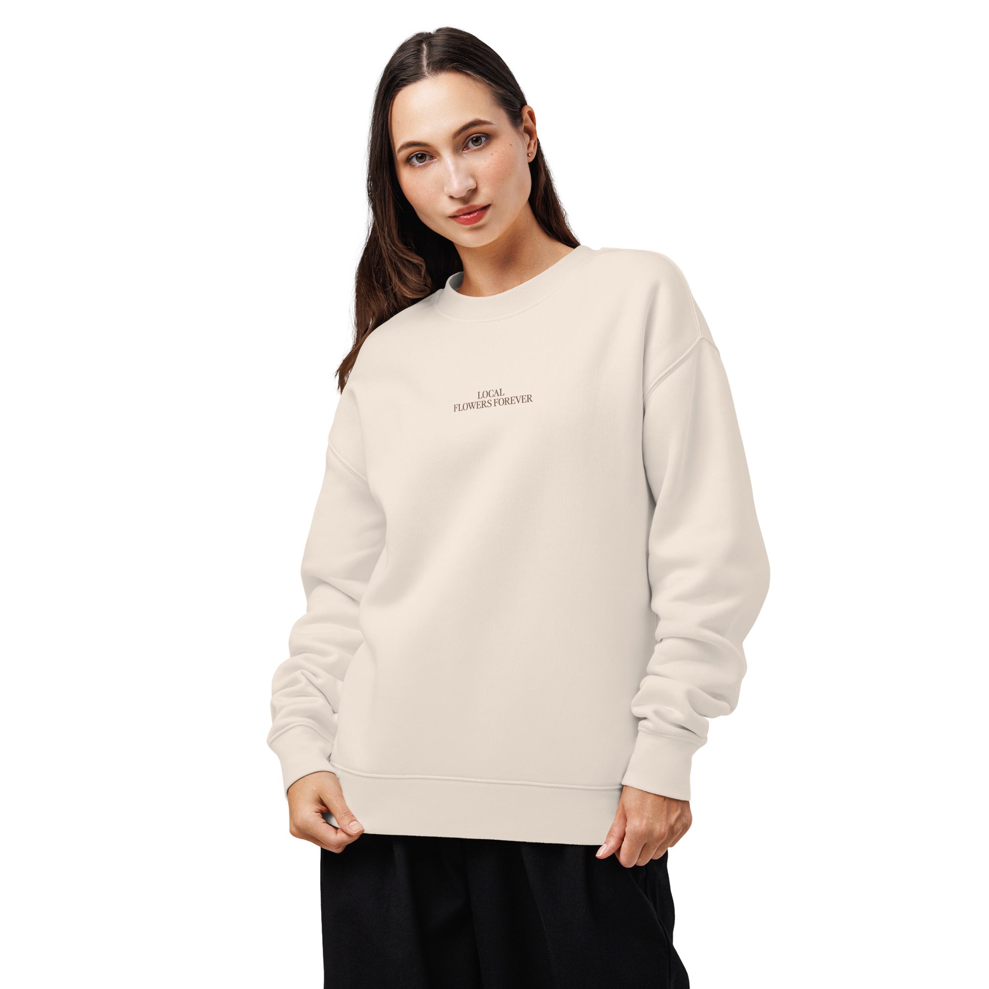 Local Flowers Forever sweatshirt with hand-drawn farm bouquet illustration on back