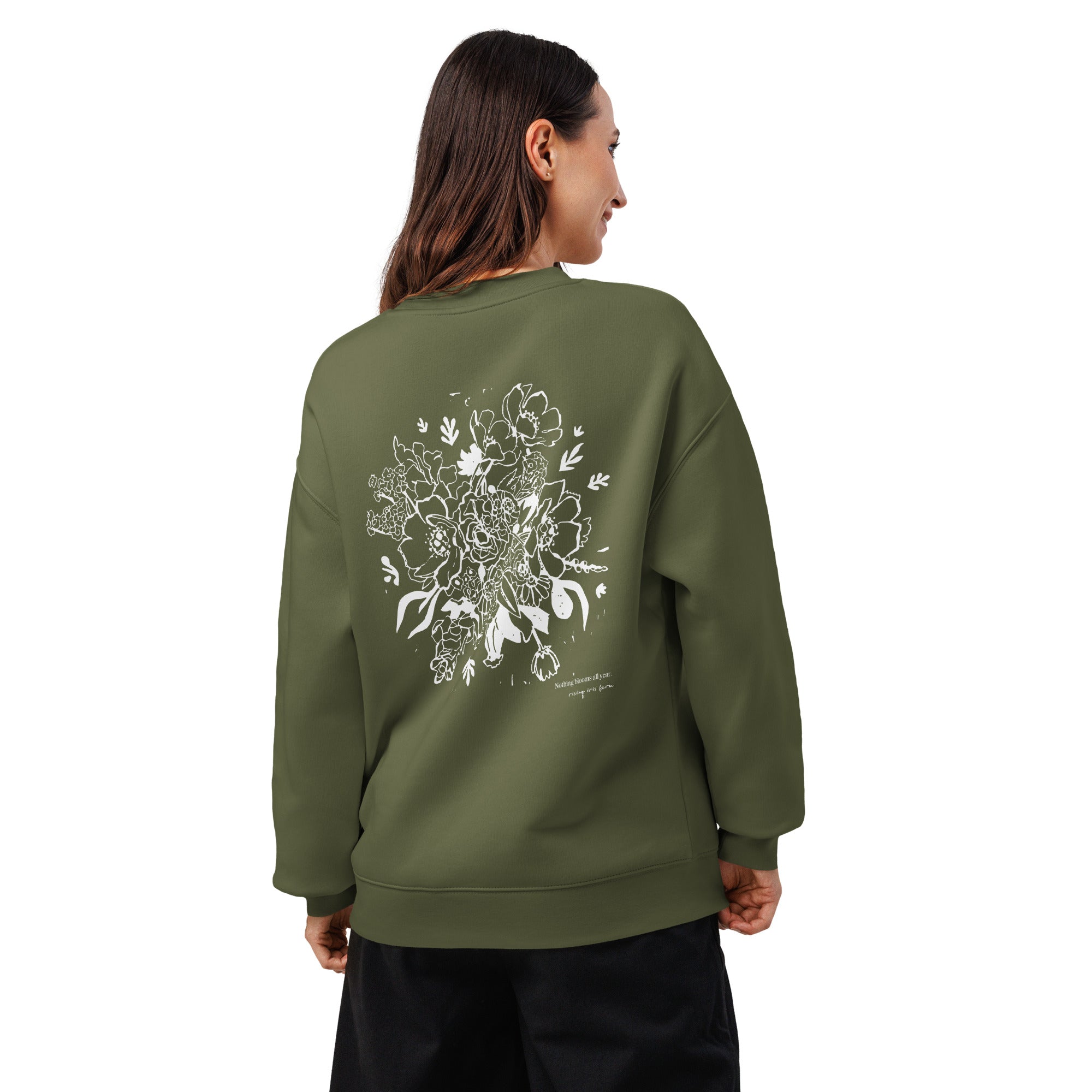 Rising Iris Farm bouquet sweatshirt in olive green with hand-drawn CSA bouquet illustration
