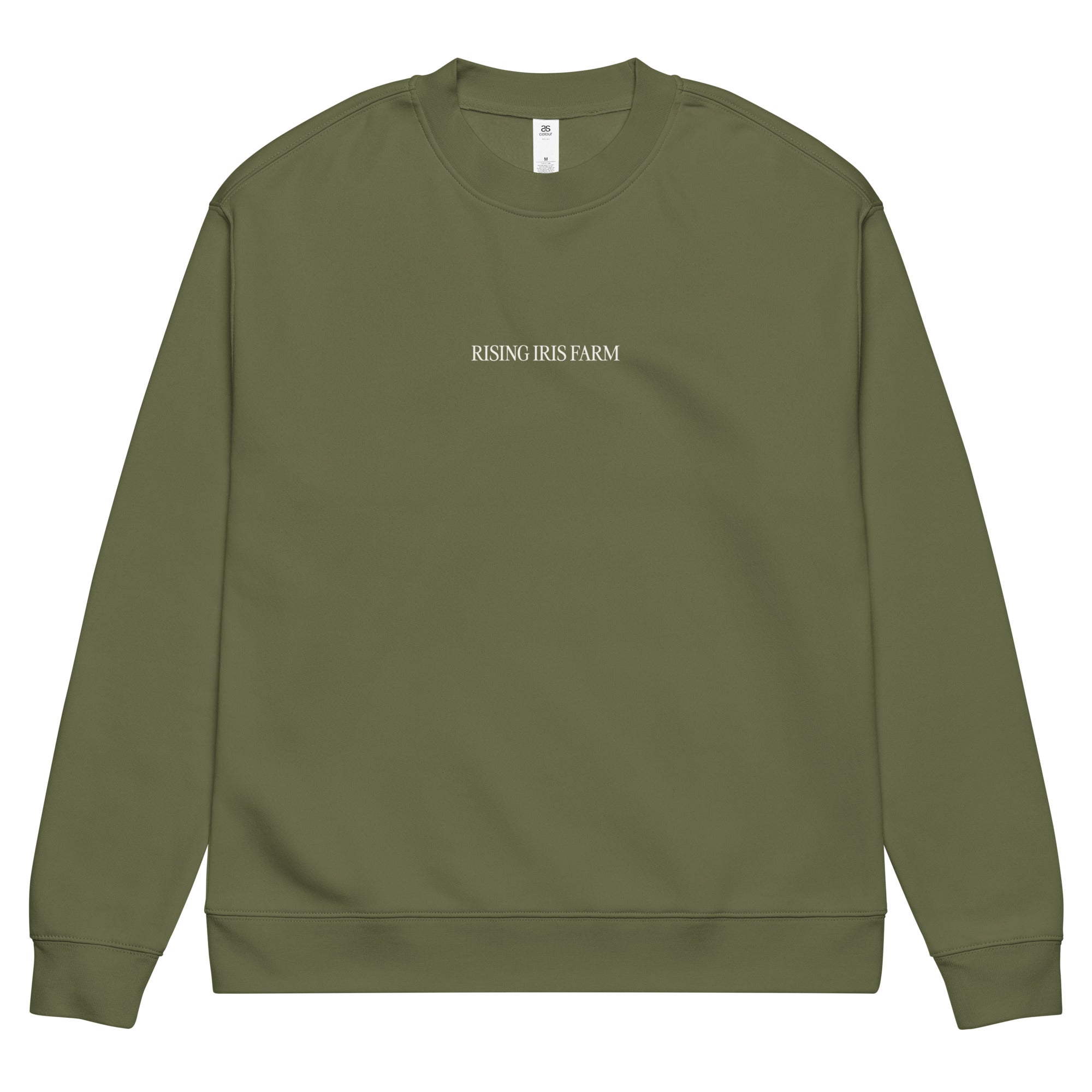 Rising Iris Farm bouquet sweatshirt in olive green with hand-drawn CSA bouquet illustration