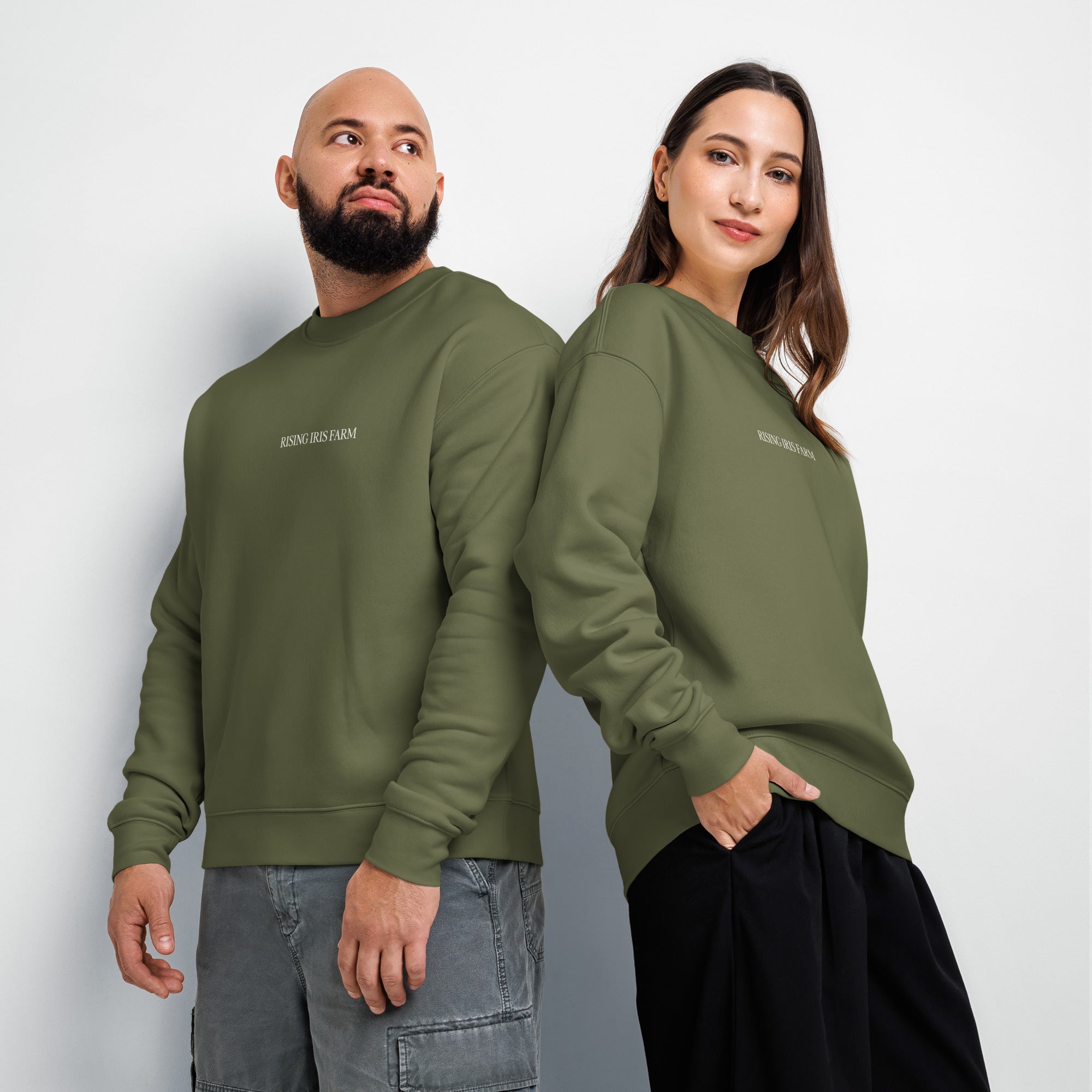 Rising Iris Farm bouquet sweatshirt in olive green with hand-drawn CSA bouquet illustration