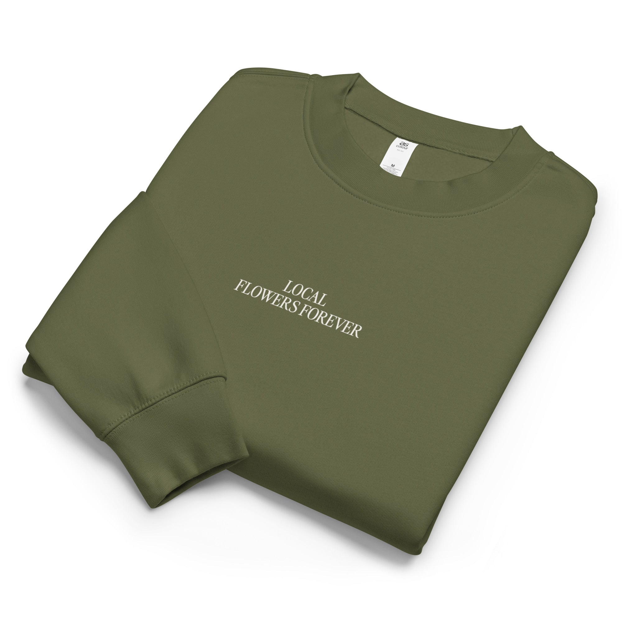 Local Flowers Forever olive green sweatshirt with hand-drawn farm bouquet on back